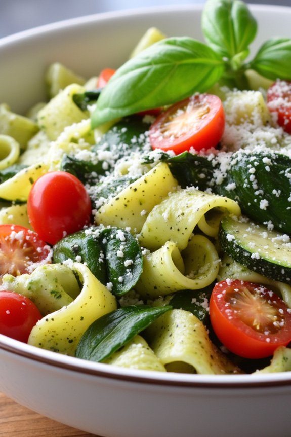 creamy pesto veggie pasta bowl