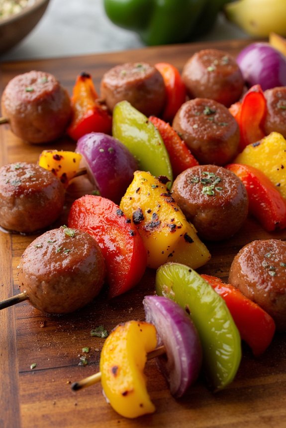 grilled sausage and pepper skewers