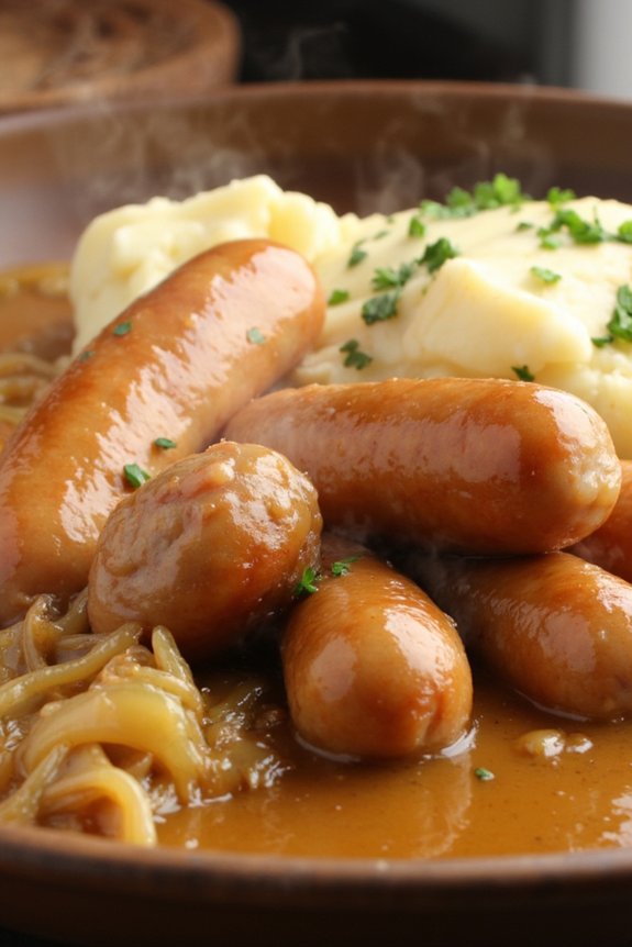 hearty sausages with savory gravy