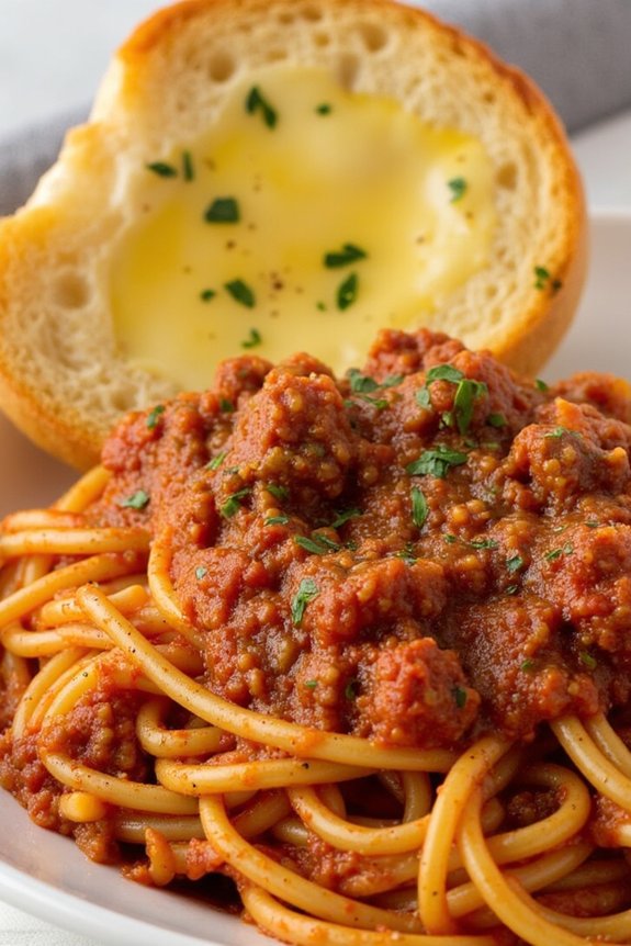 one pot spaghetti with garlic bread