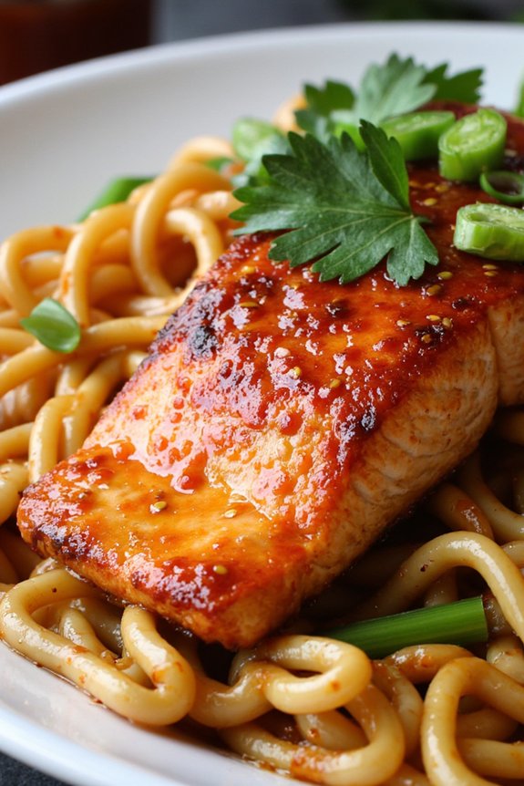 spicy salmon with sesame noodles