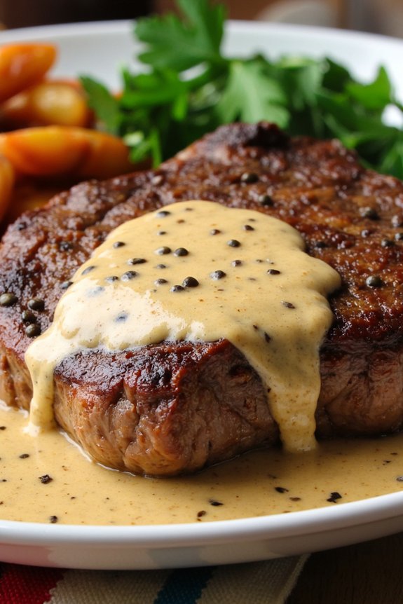 steak with creamy peppercorn sauce